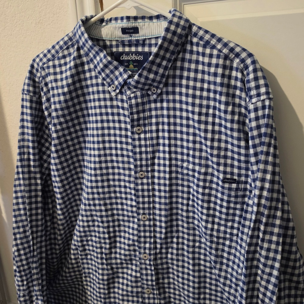 Chubbies Friday Shirt Mens XXL Blue White Gingham Check Long Sleeve Button Down